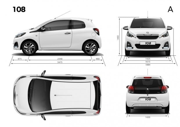 Dimensions extérieures de la Peugeot 108