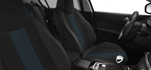 Peugeot 308 Tech Edition : TEP/Alcantara Noir Mistral avec surpiqûres Bleu Cyan/Orange Intense