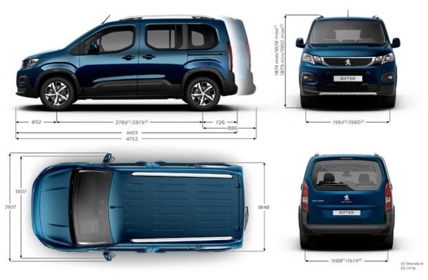 Les dimensions extérieures du Peugeot Rifter